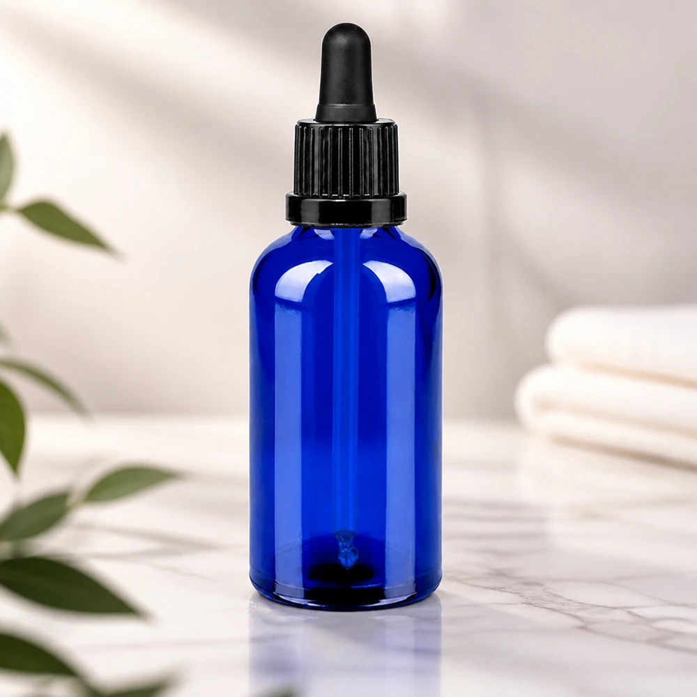50ml Pipettenflasche schwarz Originalitätsverschluss BlueLine UT18/50 Stilvolle Laborqualität: 50ml blaue Glasflasche mit präzisem schwarzem Pipettensystem