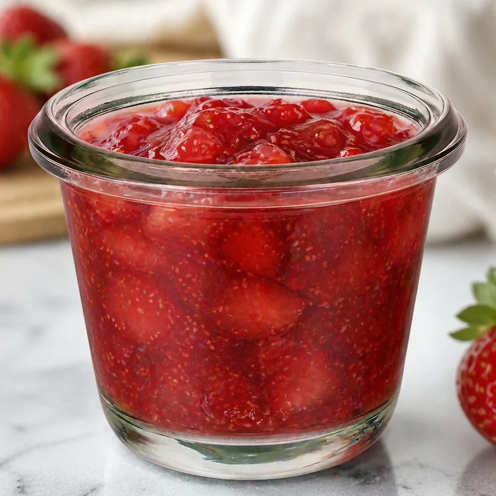Barattolo da 80 ml per gourmet WECK RR60 Vaso WECK Gourmet RR60 80ml riempito di marmellata di fragole rosse tra fragole fresche su un piano di lavoro in marmo