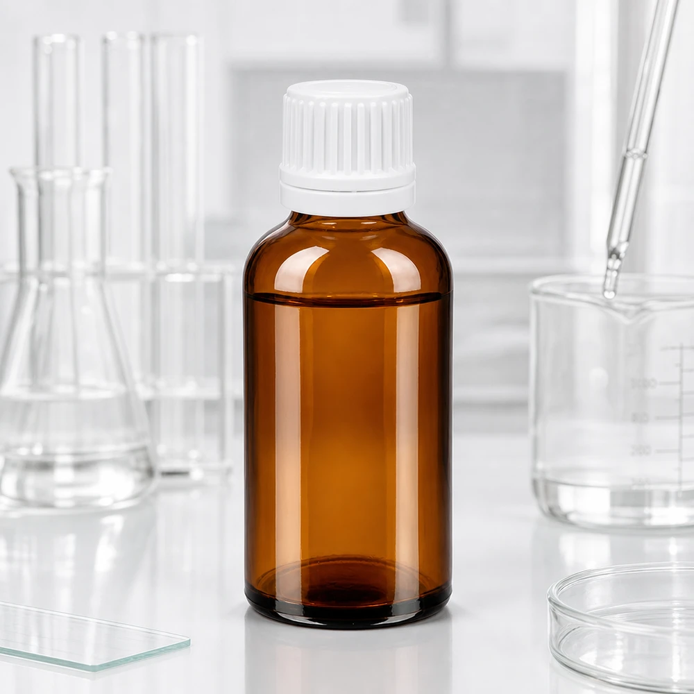 Flacone in vetro protetto dalla luce 50ml marrone con contagocce da 0,7 mm per sostanze sensibili ed estratti