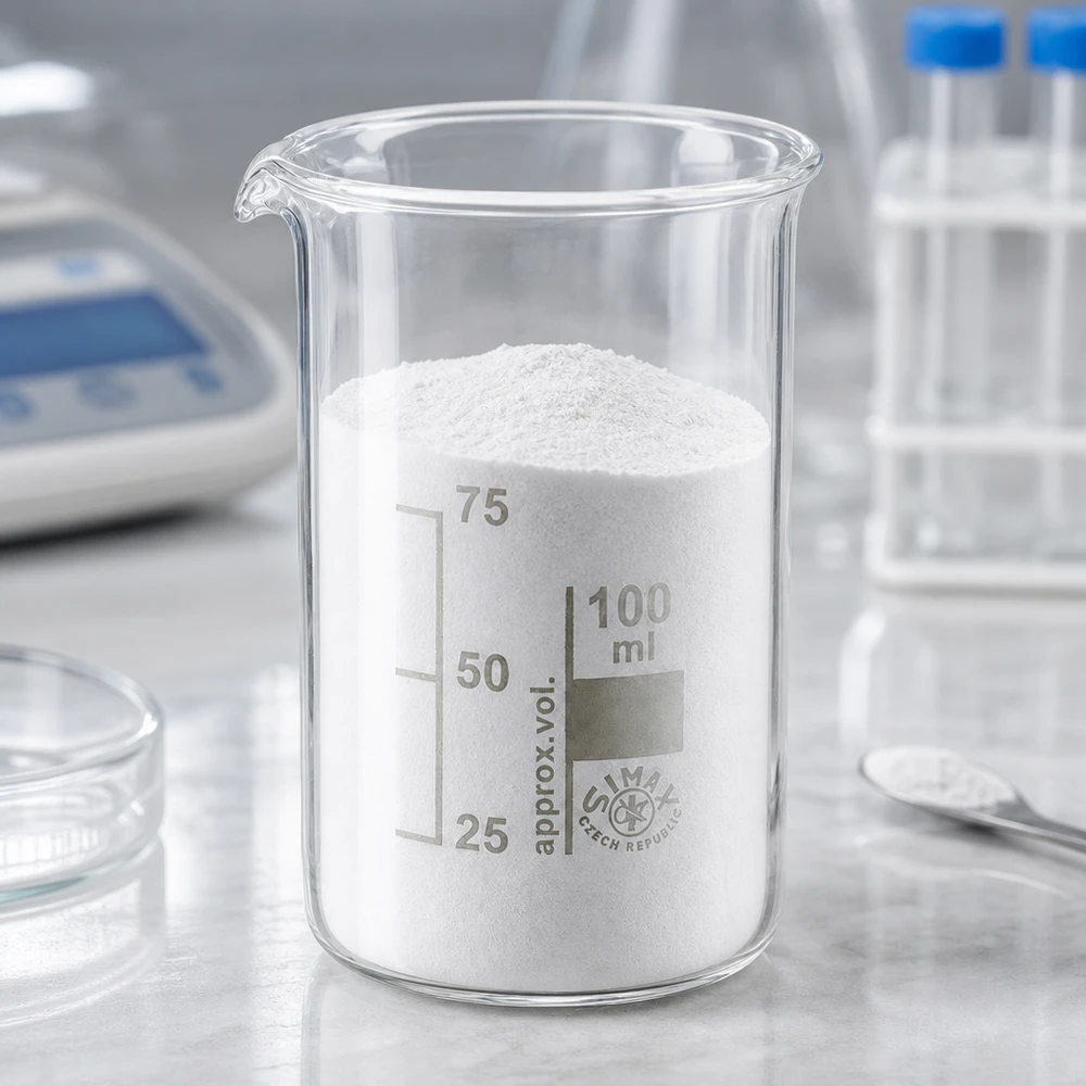 Bicchiere da 100 ml in vetro borosilicato, forma alta Polvere bianca in un becher da 100 ml di forma alta, in vetro borosilicato, sul tavolo da laboratorio
