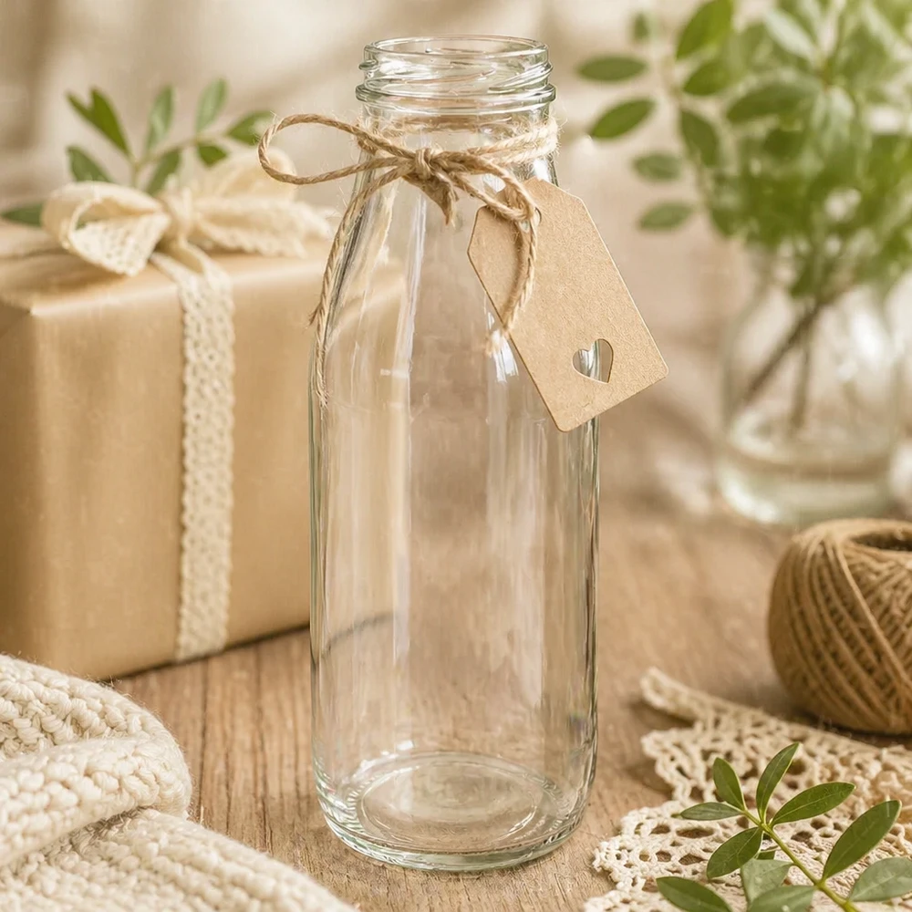 Bottiglia in vetro da 500 ml TO48 UNiTWIST vuota con etichetta in carta kraft e cordino di iuta decorata come confezione regalo