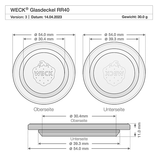 Coperchio in vetro WECK RR40 Disegno tecnico del coperchio in vetro WECK RR40 con dimensioni di 54 mm di diametro e 11 mm di altezza