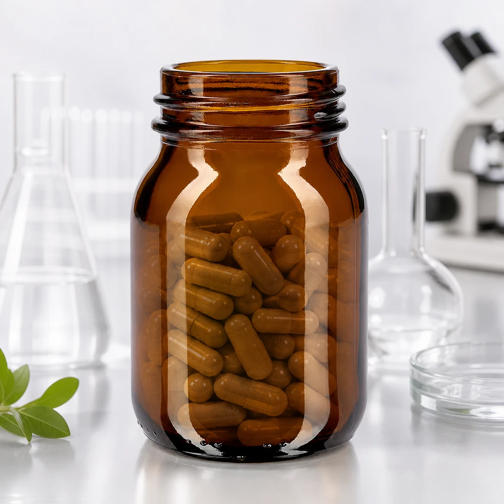 Bottiglia da farmacia compatta in vetro ambrato da 75 ml con ampia apertura per i farmaci