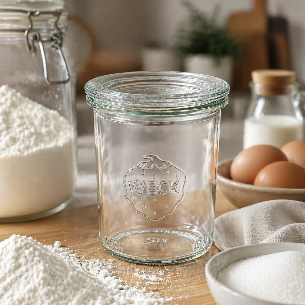 Bocal en verre de 160 ml avec couvercle en verre WECK RR60 WECK Sturzglas 160ml RR60 leer in rustikaler Küche mit Mehl, Eiern und Milch für Einmachen und Vorratshaltung