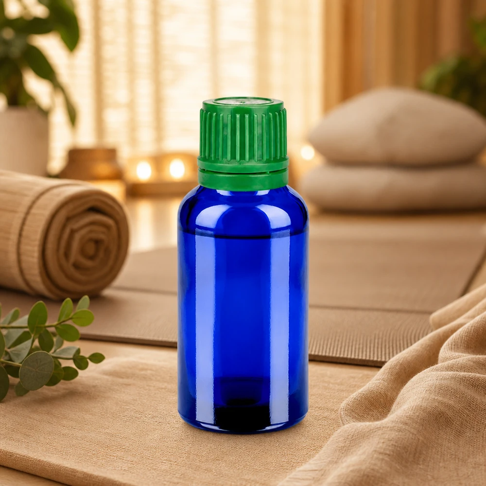 Flacone da 30ml 11mm SV verde OV BlueLine UT18/30 Elegante flacone in vetro blu da 30 ml con tappo verde a contrasto per una presentazione elegante