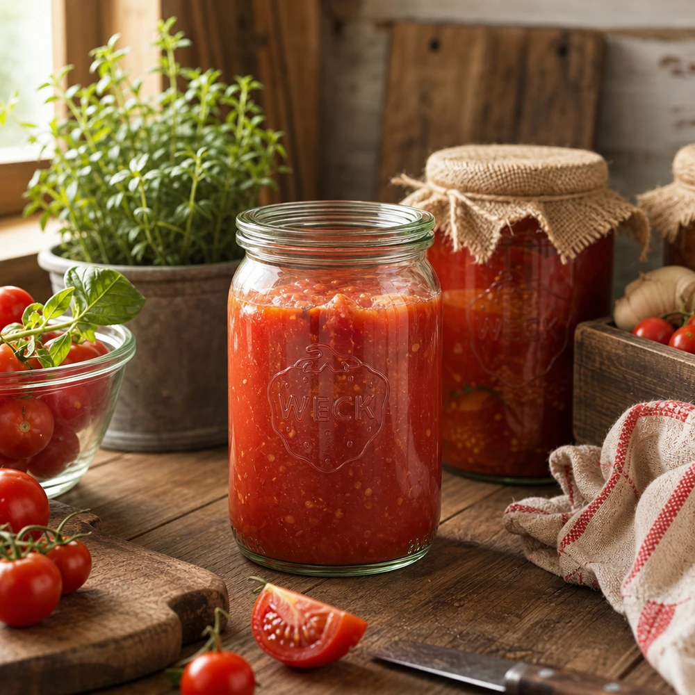 Barattolo da conserva WECK da 145 ml riempito di salsa di pomodoro in una cucina rustica con pomodori freschi ed erbe aromatiche