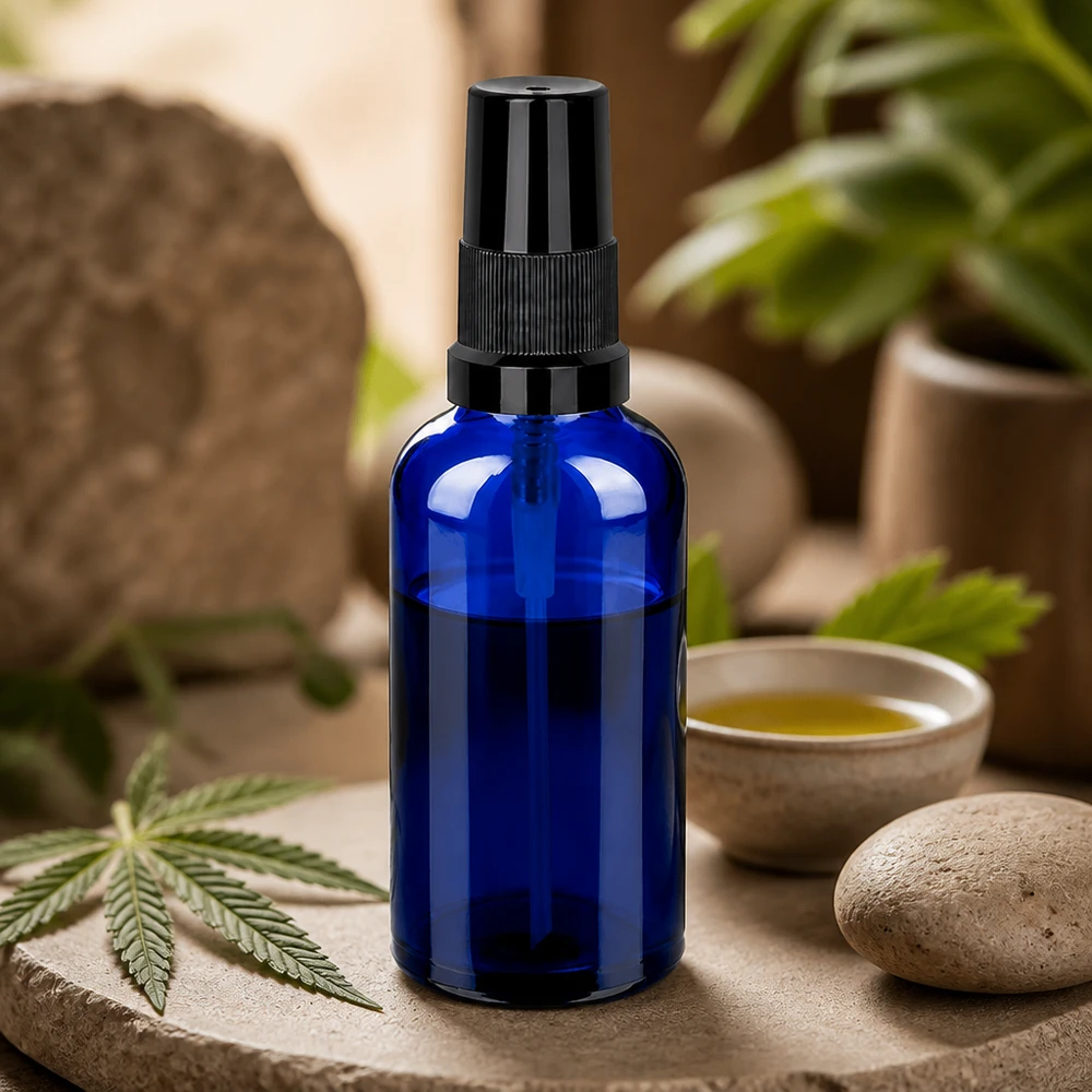 Flacone in vetro premium da 50 ml con funzione spray, di colore blu brillante, per miscele di aromi.