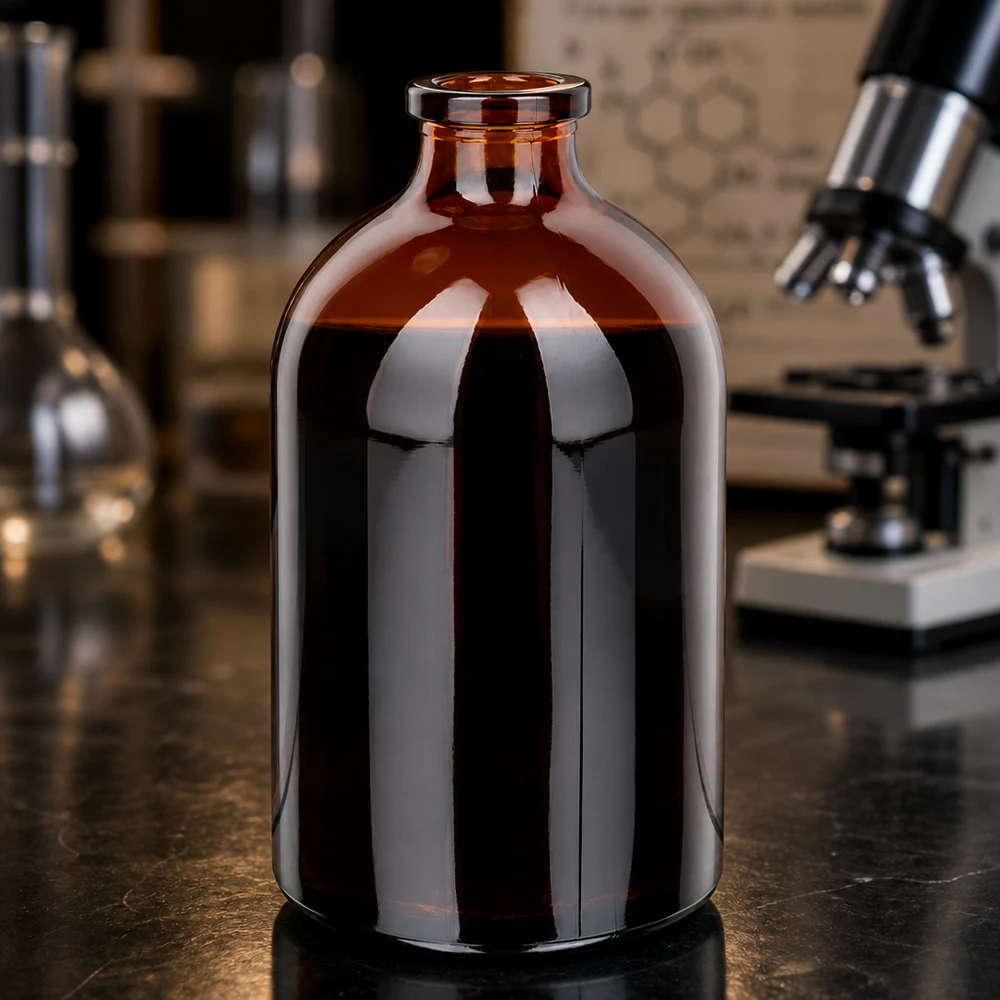 Flacone per iniezione in vetro ambrato 100ml Hochwertige Braunglas Injektionsflasche 100ml mit glänzender Oberfläche auf schwarzer Laborplatte
