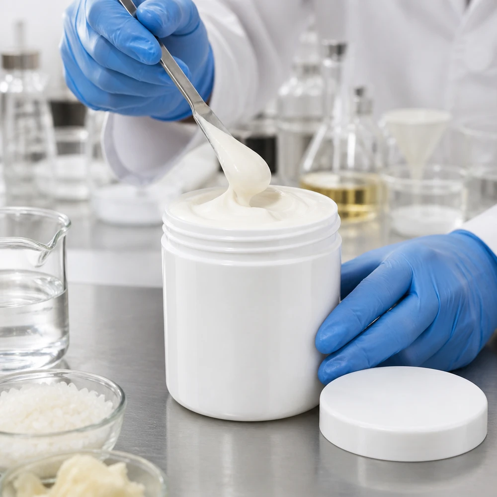 Pot à onguent blanc 10 g avec couvercle blanc (PP) Conditionnement pharmaceutique d'une crème pour la peau dans un pot en PP de 10 g muni d'un couvercle blanc