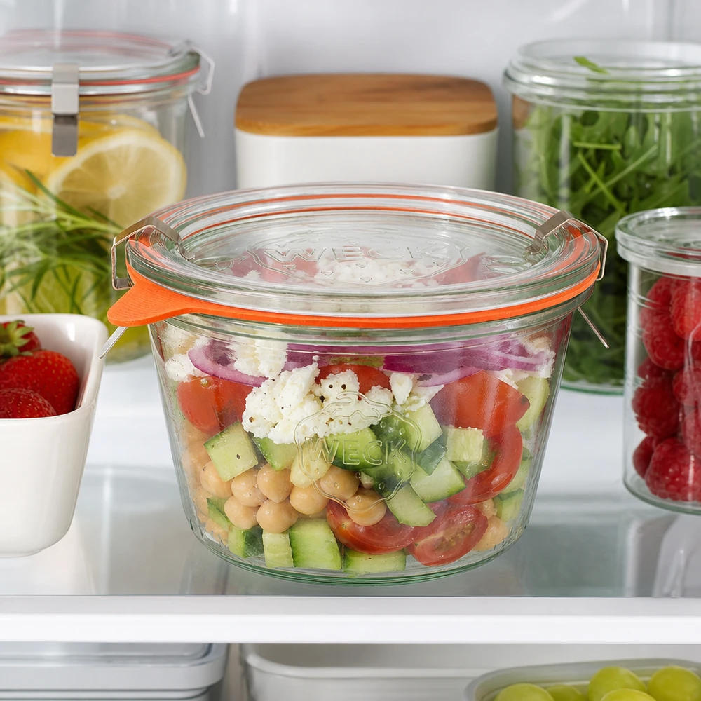 370ml Sturzglas komplett WECK RR100 WECK Sturzglas 370ml RR100 im Kühlschrank mit frischem Salat gefüllt zeigt ideale Aufbewahrung von Meal Prep