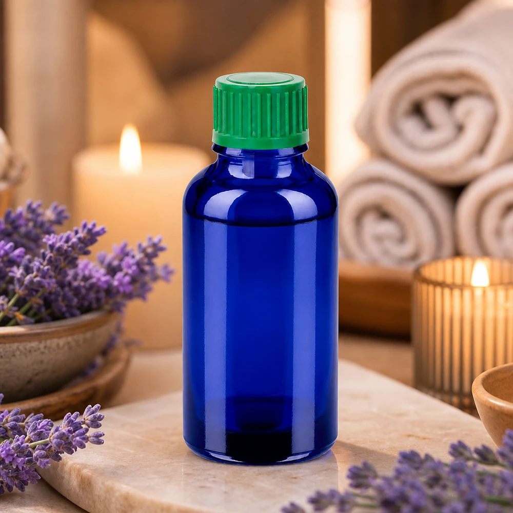 Elegante flacone in vetro blu da 30 ml con pratico sistema di gocciolamento per l'uso quotidiano