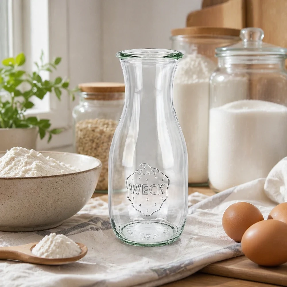 Bouteille à jus WECK RR60 de 530 ml WECK Saftflasche 530ml RR60 leer in natürlicher Küchenszene mit Eiern Mehl und Vorratsgläsern für Backen kochen