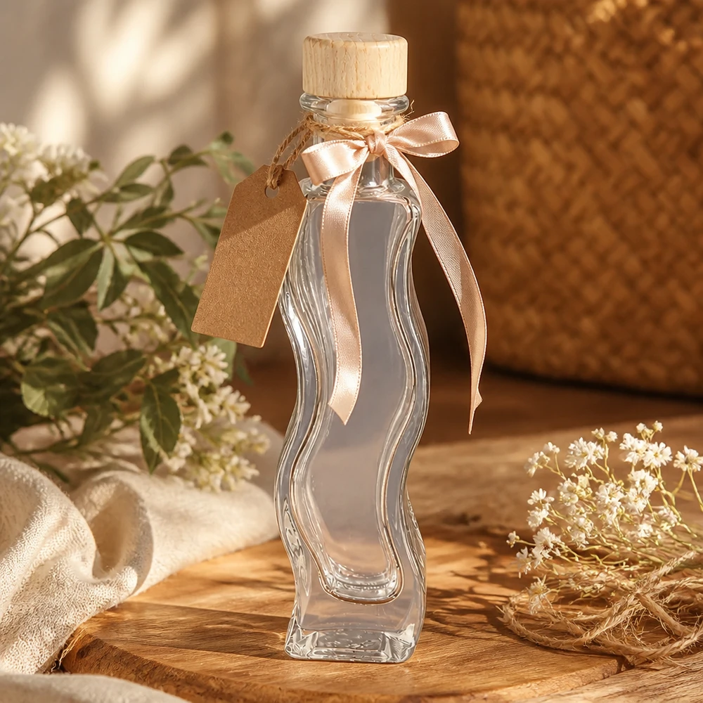 Flacone in vetro da 100 ml Melissa con tappo in sughero con impugnatura in legno UNiTWIST® Bottiglia di vetro Melissa da 100 ml in regalo decorata con fiocco rosa etichetta in carta kraft tappo di legno decorazione naturale
