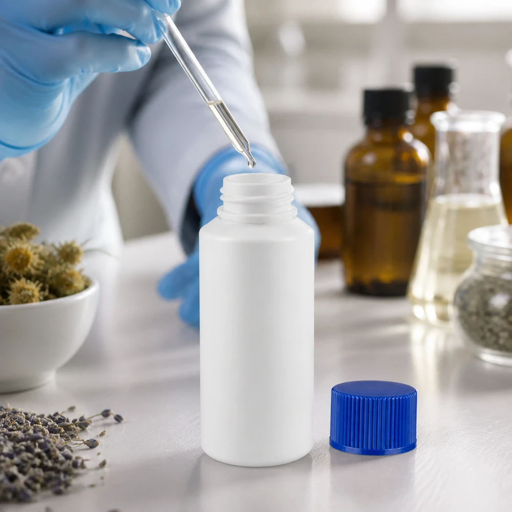 Flacon compte-gouttes de 30 ml en HDPE blanc avec bouchon bleu, lors du remplissage à l'aide d'une pipette en laboratoire