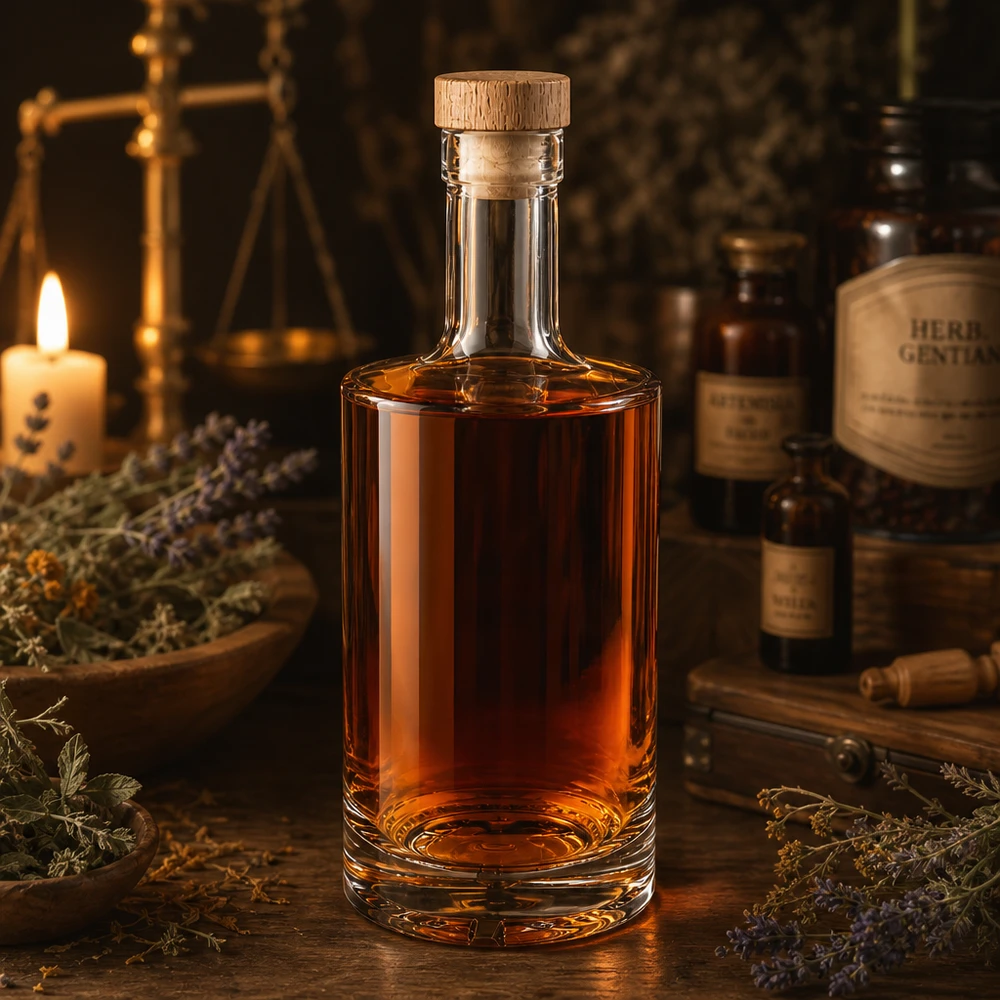 Bottiglia in vetro da 500 ml Nora con liquore alle erbe tappo in legno color ambra UNiTWIST candela ambiente speziale alla lavanda