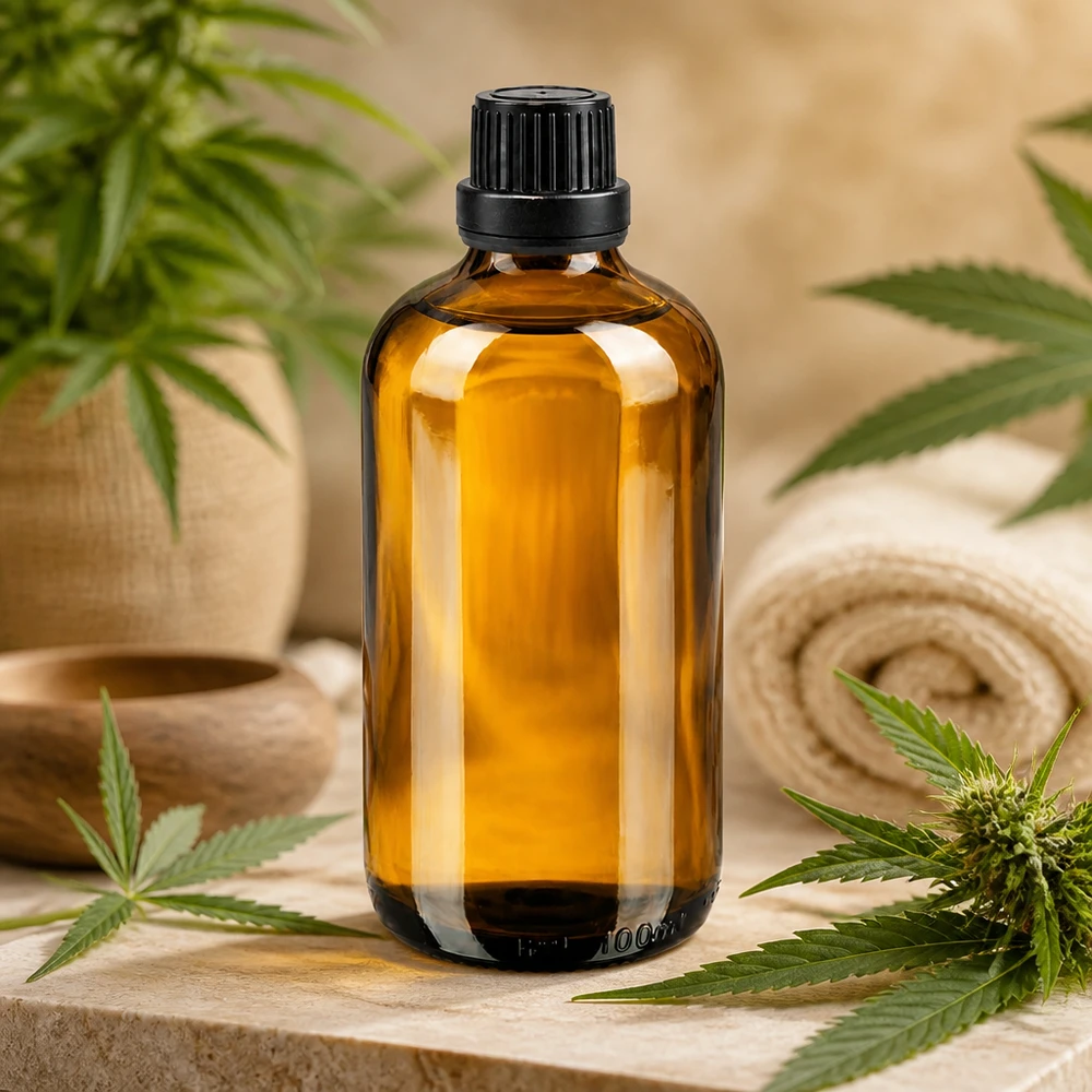 Flacon compte-gouttes en verre ambré de 100 ml muni d'un bouchon OV noir, posé sur un fond en pierre au milieu de feuilles de cannabis