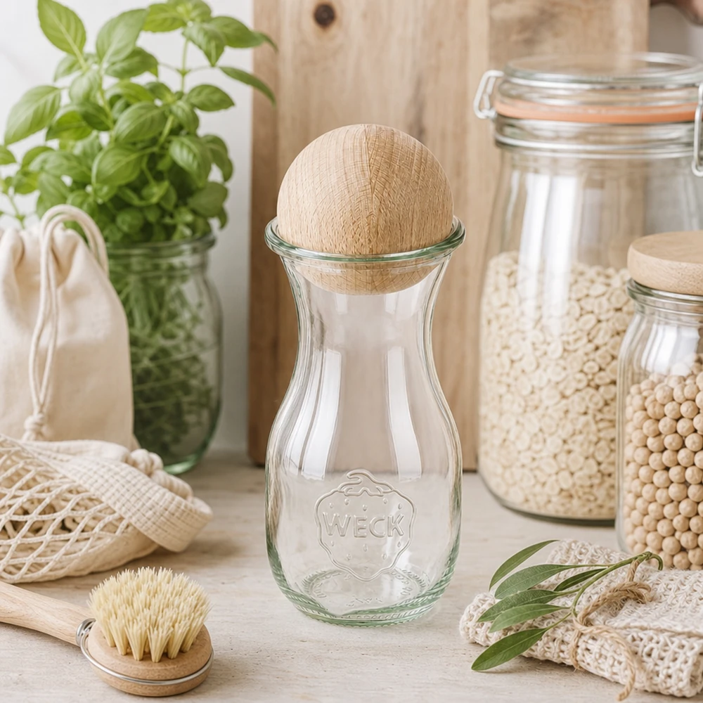 Bottiglia per succhi di frutta da 290 ml WECK RR60 con sfera in legno di faggio Bottiglia per succhi di frutta WECK 290ml RR60 con sfera in legno in cucina sostenibile a spreco zero tra vasi di stoccaggio e materiali naturali