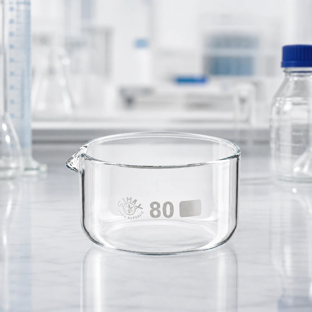 Coupelle de cristallisation 150 ml avec bec verseur Coupelle de cristallisation vide de 150 ml avec bec verseur, destinée à un usage professionnel en laboratoire, ø 80 mm, SIMAX