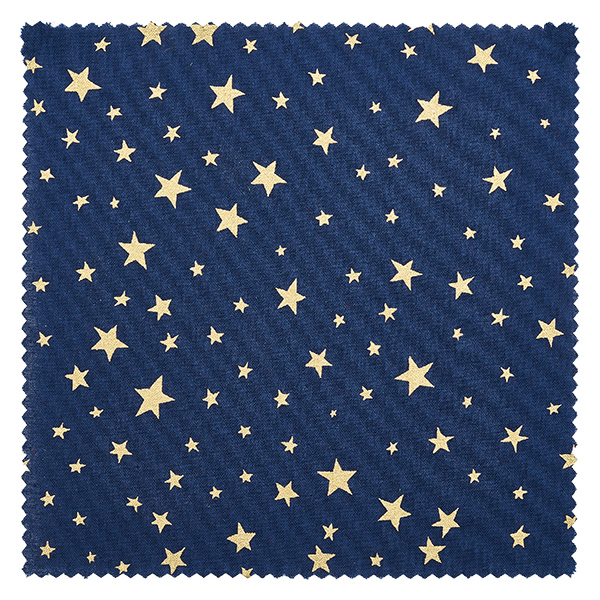 Centrino per gioielli in tessuto blu "stelle" 12cm quadrato Vista dettagliata del centrino in tessuto blu con stelle dorate di diverse dimensioni, taglio quadrato 12 cm