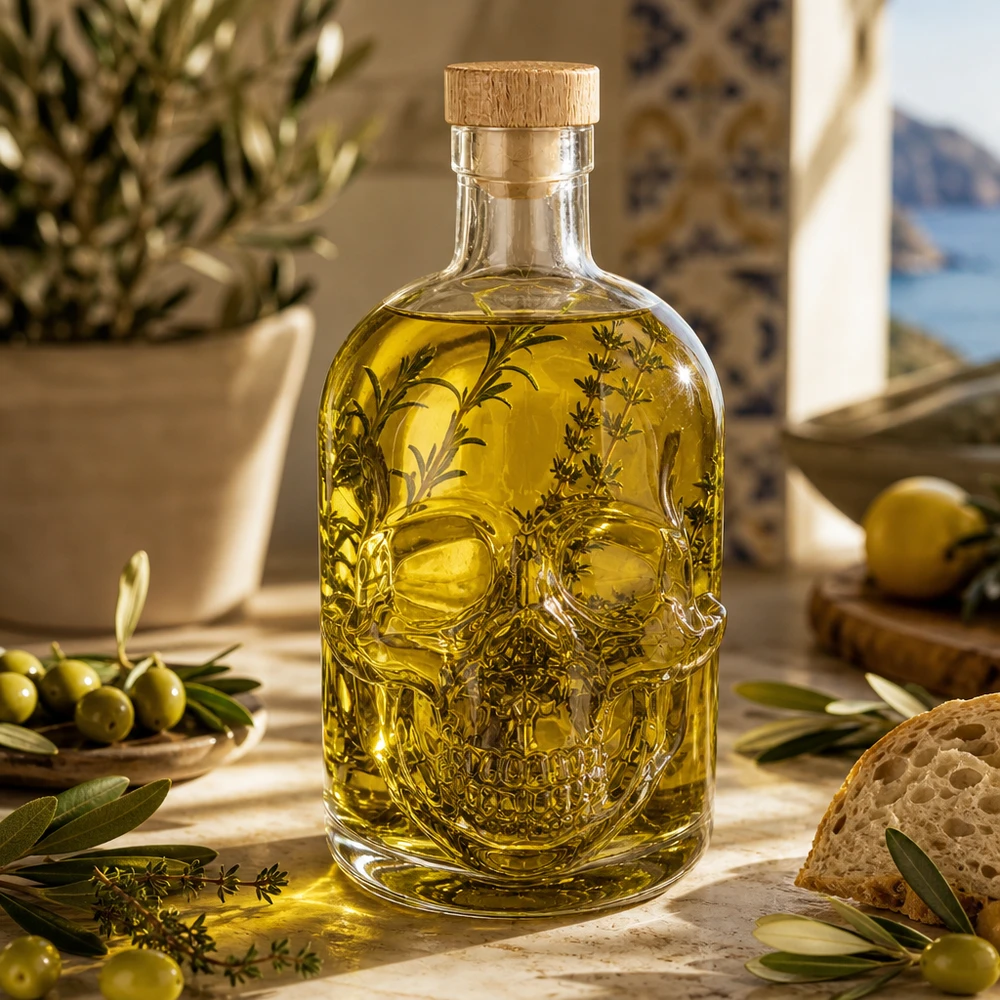 Glasflasche Jack 500ml mit Olivenöl und Kräutern gefüllt, mediterrane Küchendeko mit Oliven und Brot