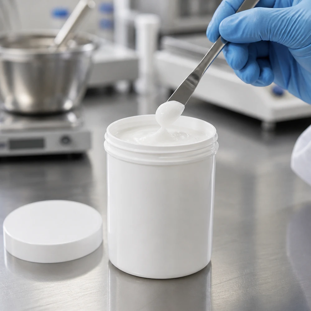 Pot à onguent blanc 75 g avec couvercle blanc (PP) Remplissage d'un pot à pommade blanc en PP de 75 ml avec bouchon à vis en salle blanche
