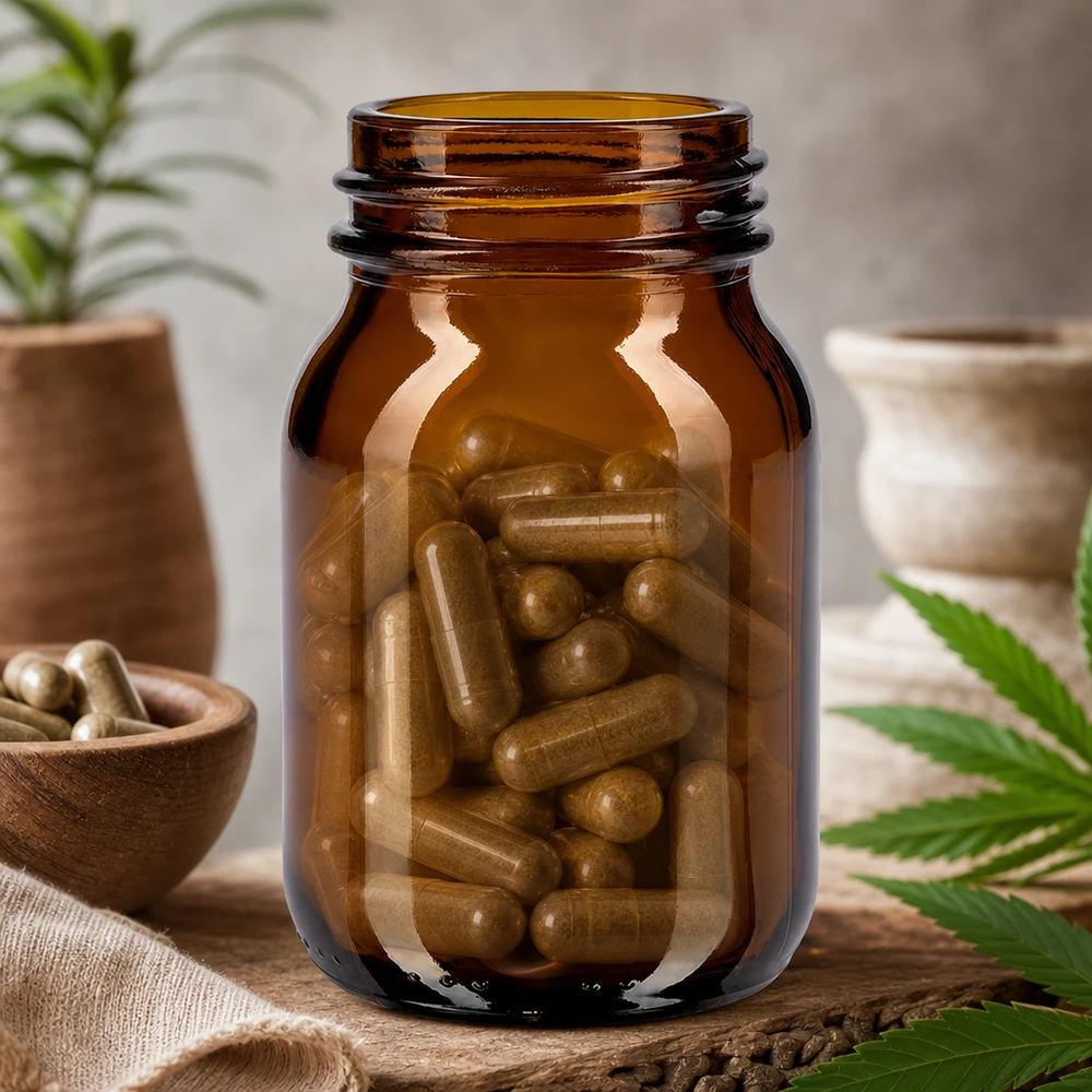 Bottiglia di vetro compatta da 75 ml in marrone con ampia apertura, ideale per gli integratori alimentari