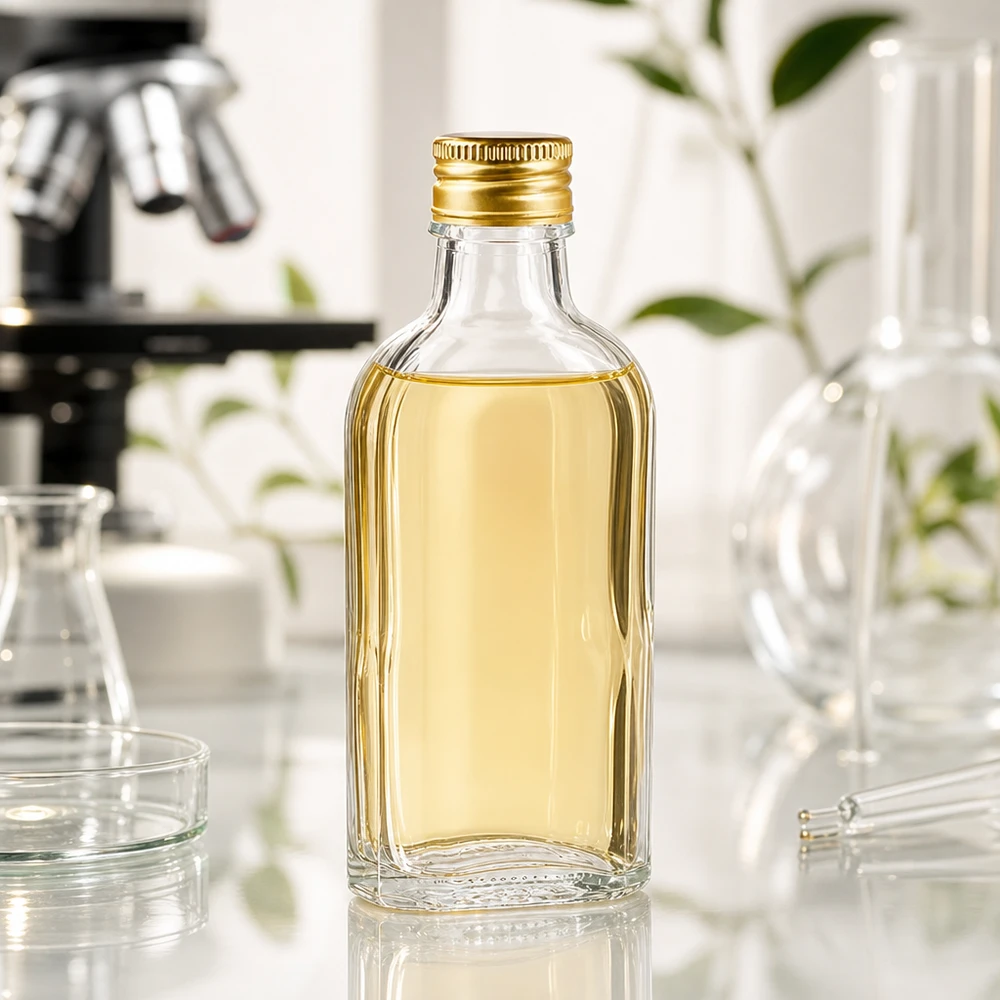 100 ml Meplat klar mit Alu Verschluss gold PP22 Kleine flache 100ml Glasflasche mit PP22 Golddeckel für Naturkosmetik und Pflegeprodukte