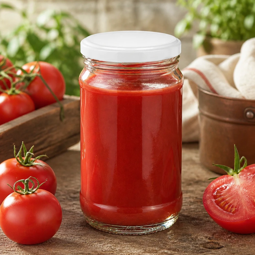 370ml Einmachglas UNiTWIST BasicSeal weiß mit selbstgemachter Tomatenpassata auf rustikalem Holztisch