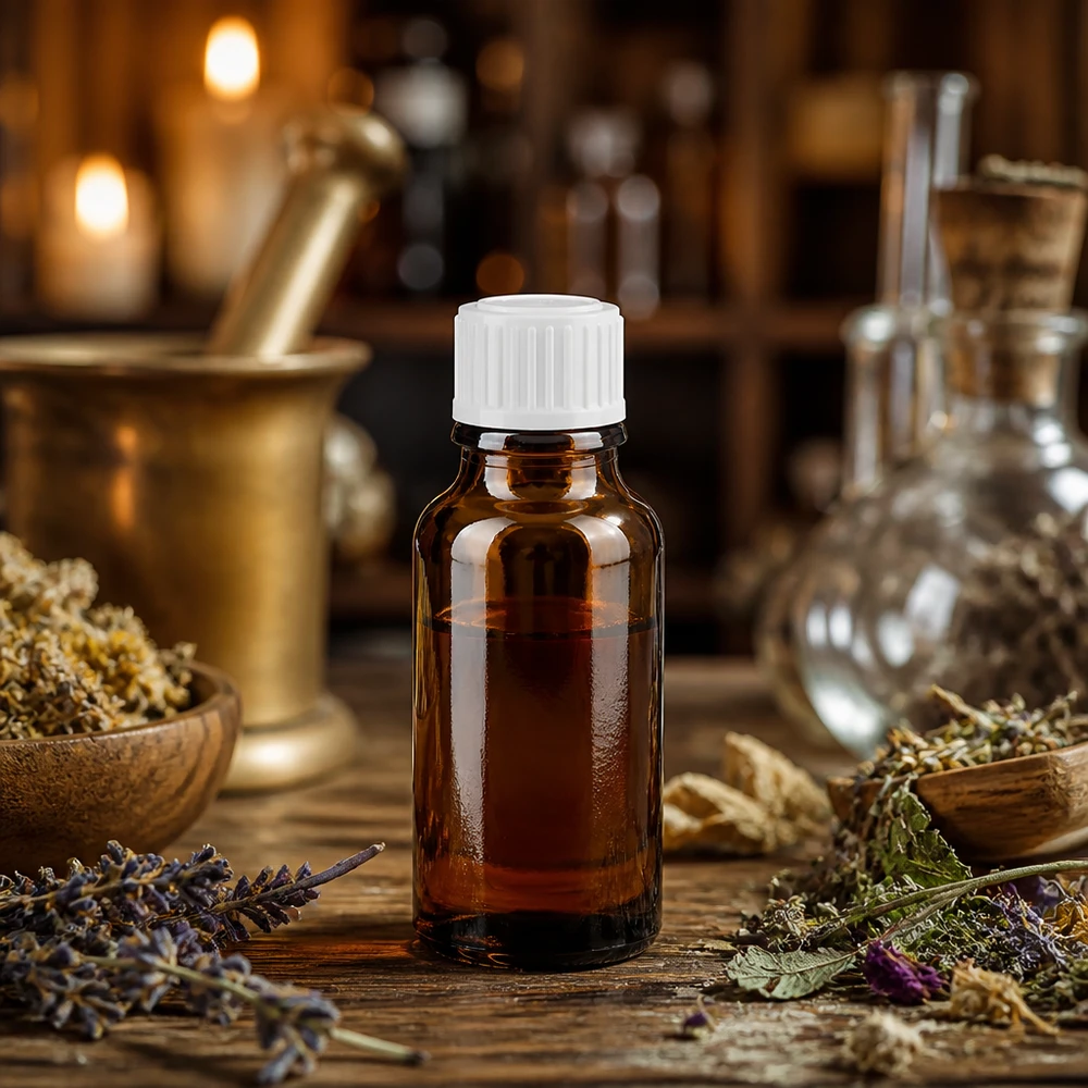 Braune Apothekerglasflasche 20ml mit weißem Verschluss für Kräuteressenzen und Tinkturen