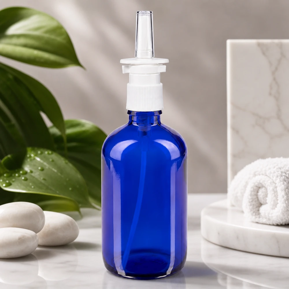 Apothekenflasche blau 100ml Nasenzerstäuber weiß Standard Hochwertige 100ml Apothekerglasnasensprayflasche in Kobaltblau mit weißem Dosierkopf