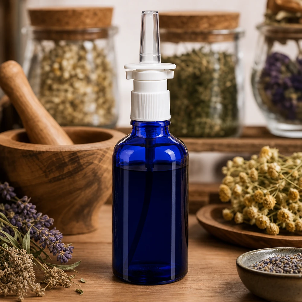 Apothekenflasche blau 50ml Nasenzerstäuber weiß Standard 50ml Nasenspray-Behälter aus Schutzglas in Blau mit ergonomischem Pumpverschluss