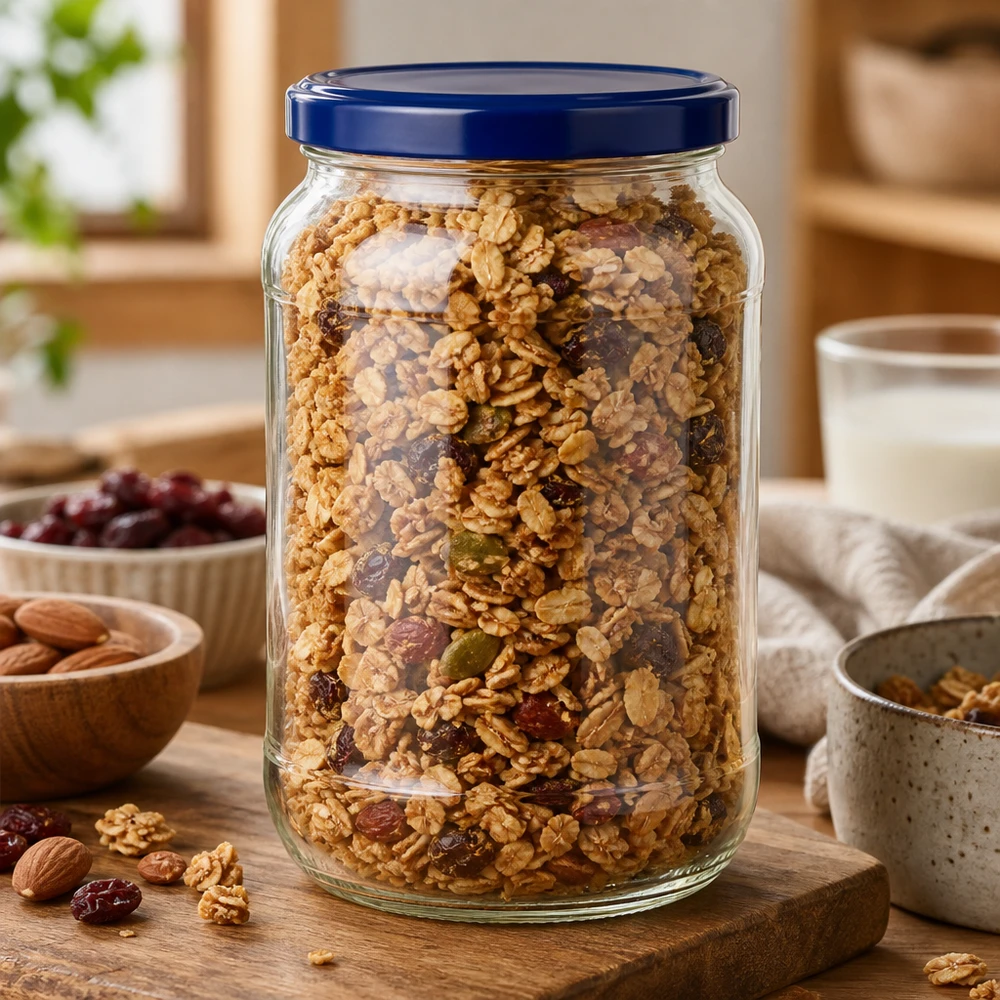 1062ml barattolo rotondo UNiTWIST coperchio blu con muesli noci frutta secca barattolo di stoccaggio cucina tavola di legno