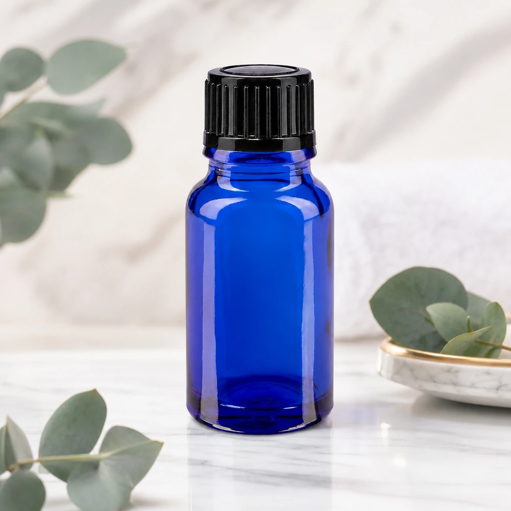 Apothekenflasche blau 10ml Tropfverschluss 1mm schwarz Standard Lichtschutzflasche 10ml blaues Borosilikatglas mit schwarzem Originalitätsverschluss