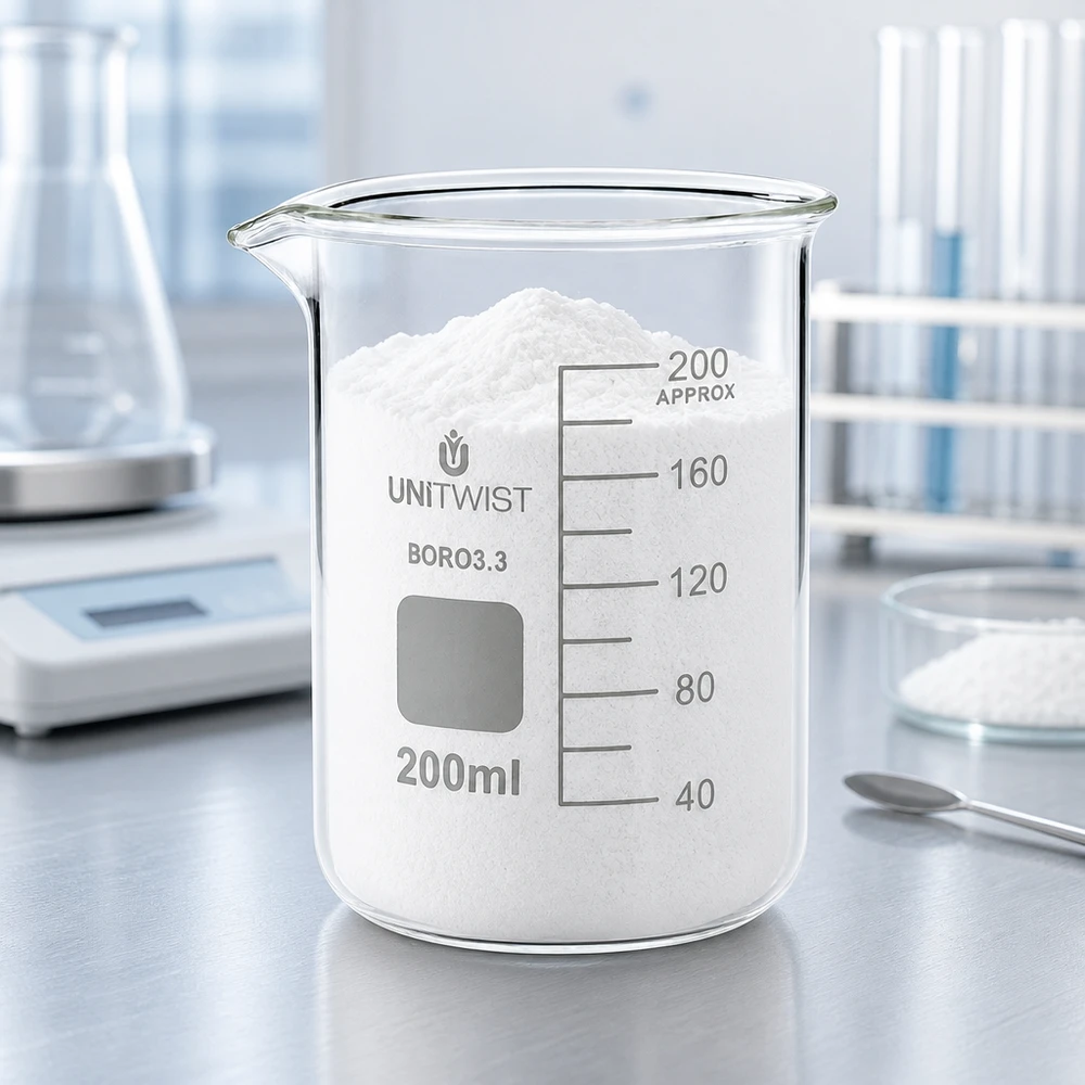 Bicchiere da 200 ml in borosilicato, stampo basso UNiTWIST Un becher da 200 ml riempito di polvere bianca su una bilancia da laboratorio indica la precisione di misurazione