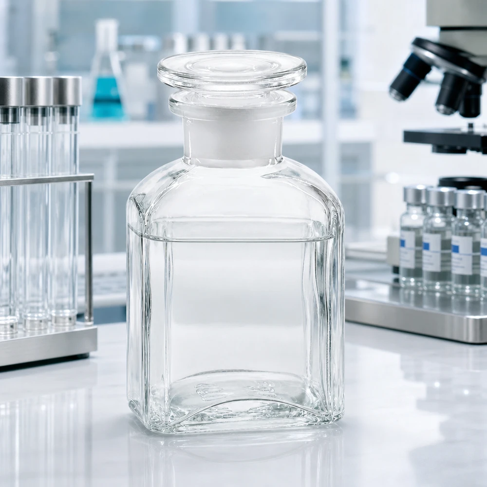 Fiaschetta da laboratorio rettangolare da 150 ml in vetro trasparente con ampia apertura e tappo incastonato