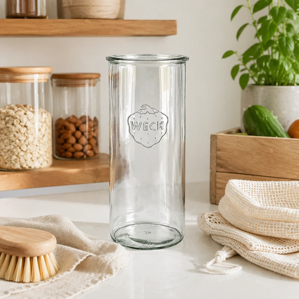 Barattolo di vetro WECK RR100 da 1500 ml Vaso da 1500 ml WECK RR100 in una cucina moderna con scaffali in legno e prodotti sostenibili