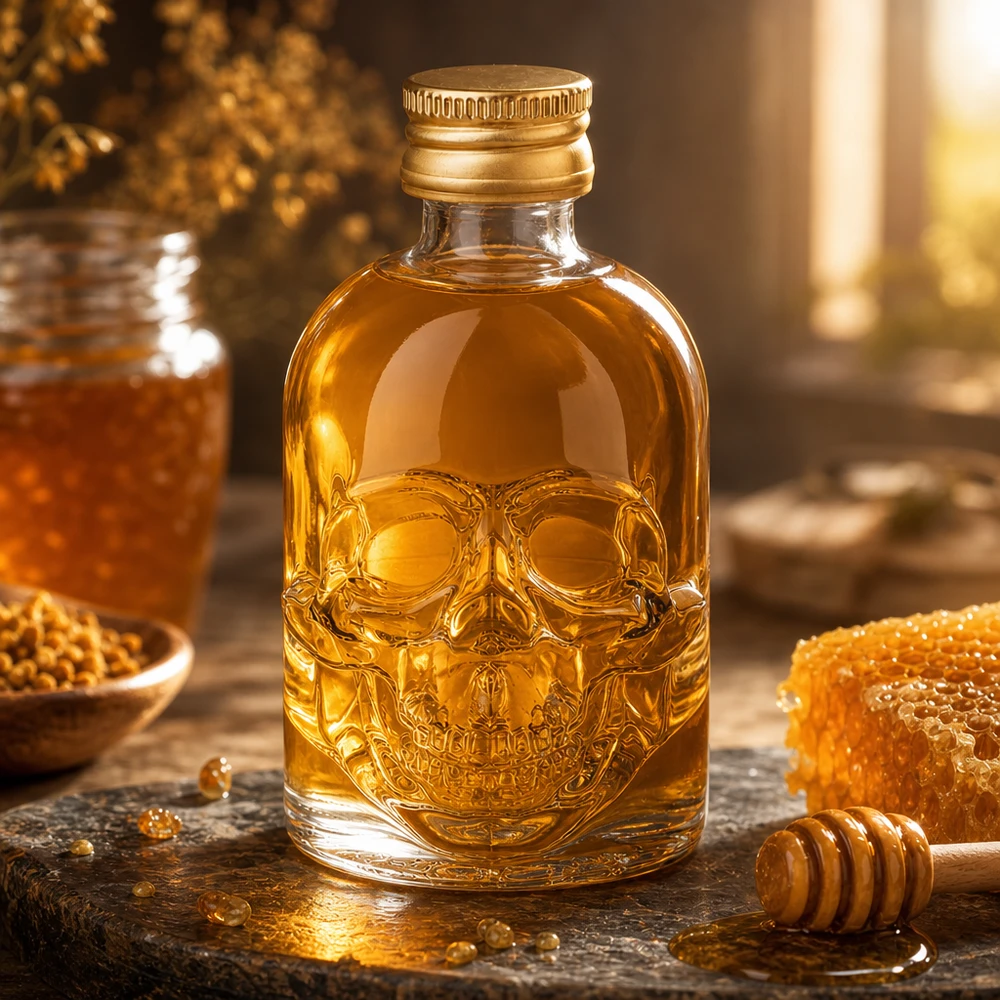 Bottiglia in vetro da 50 ml Hector con tappo a vite oro UNiTWIST® Bottiglia di vetro Hector 50ml con teschio in rilievo riempita di miele accanto a un favo e a un cucchiaio di miele nella cucina calda