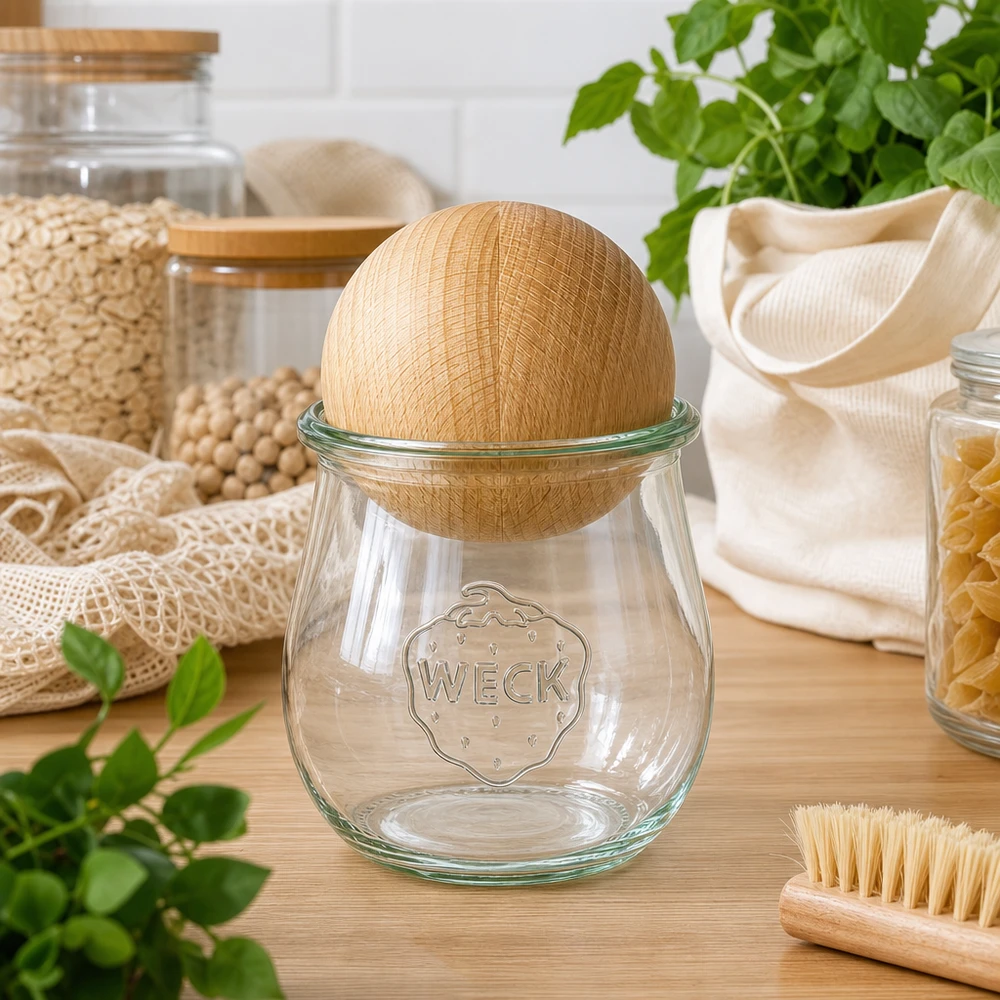 Vaso per tulipani da 220 ml WECK RR60 con sfera in legno di faggio WECK Tulpenglas RR60 220ml mit Buchenholzkugel in nachhaltiger Zero-Waste Küche neben Naturfasern und Kräutern