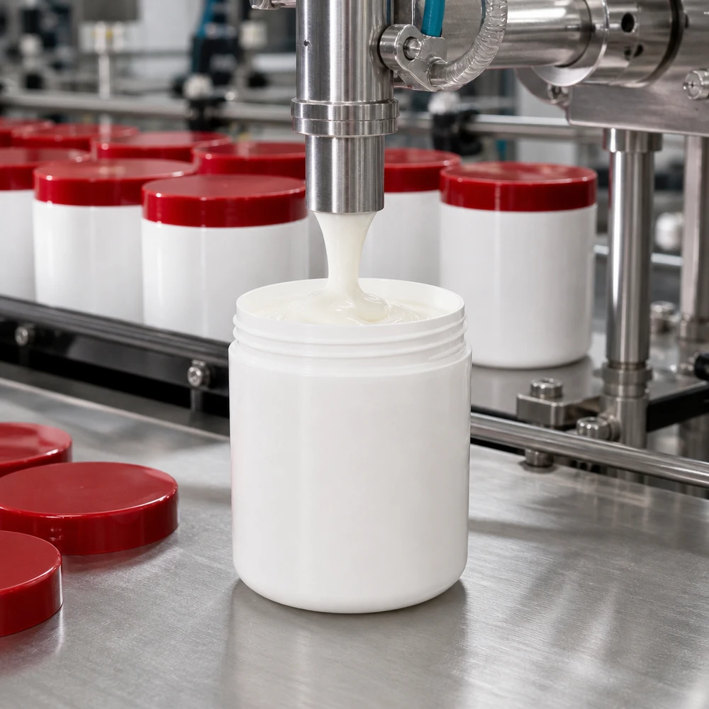 Pot à pommade blanc vide de 100 g avec couvercles à vis rouges en PP sur une ligne de conditionnement en acier inoxydable