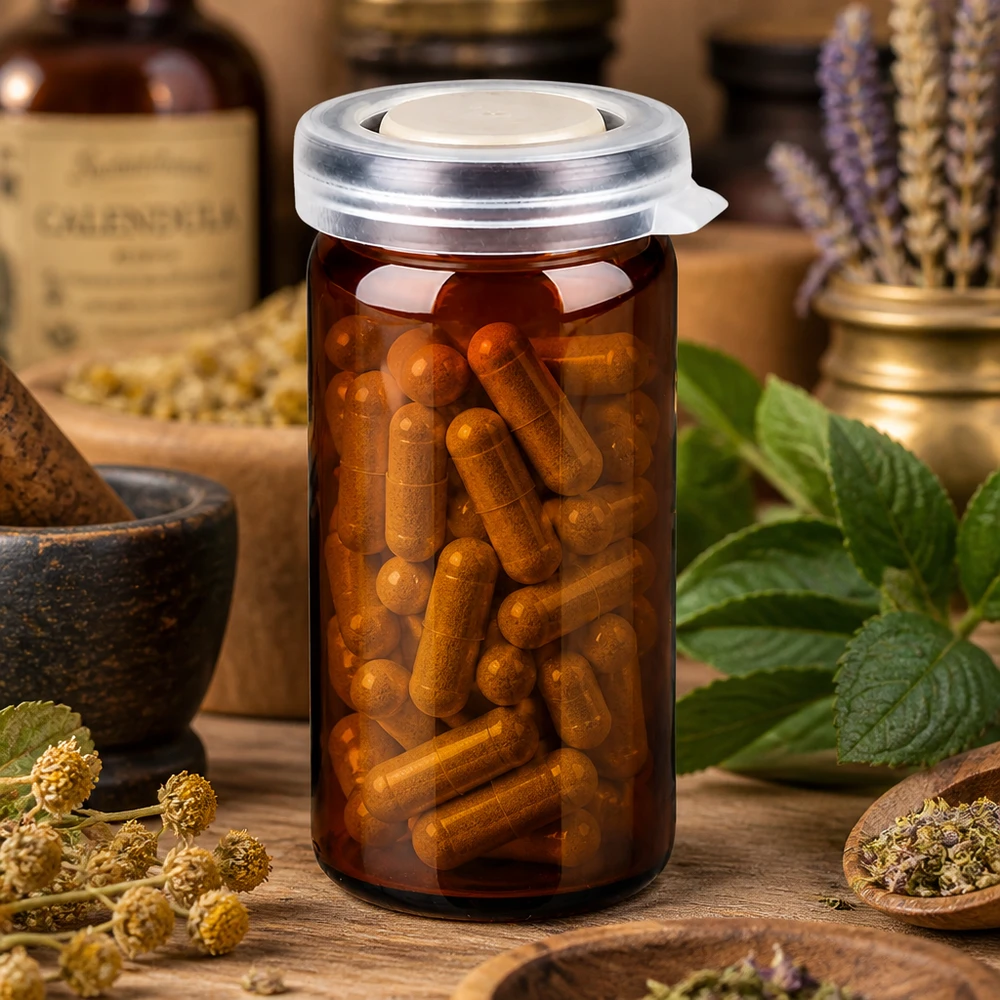 Tabletten/Rollrandglas 10ml braun mit Schnappdeckel Hermetisch verschlossenes Rollrandglas 10ml für Nahrungsergänzungsmittel in Kapselform