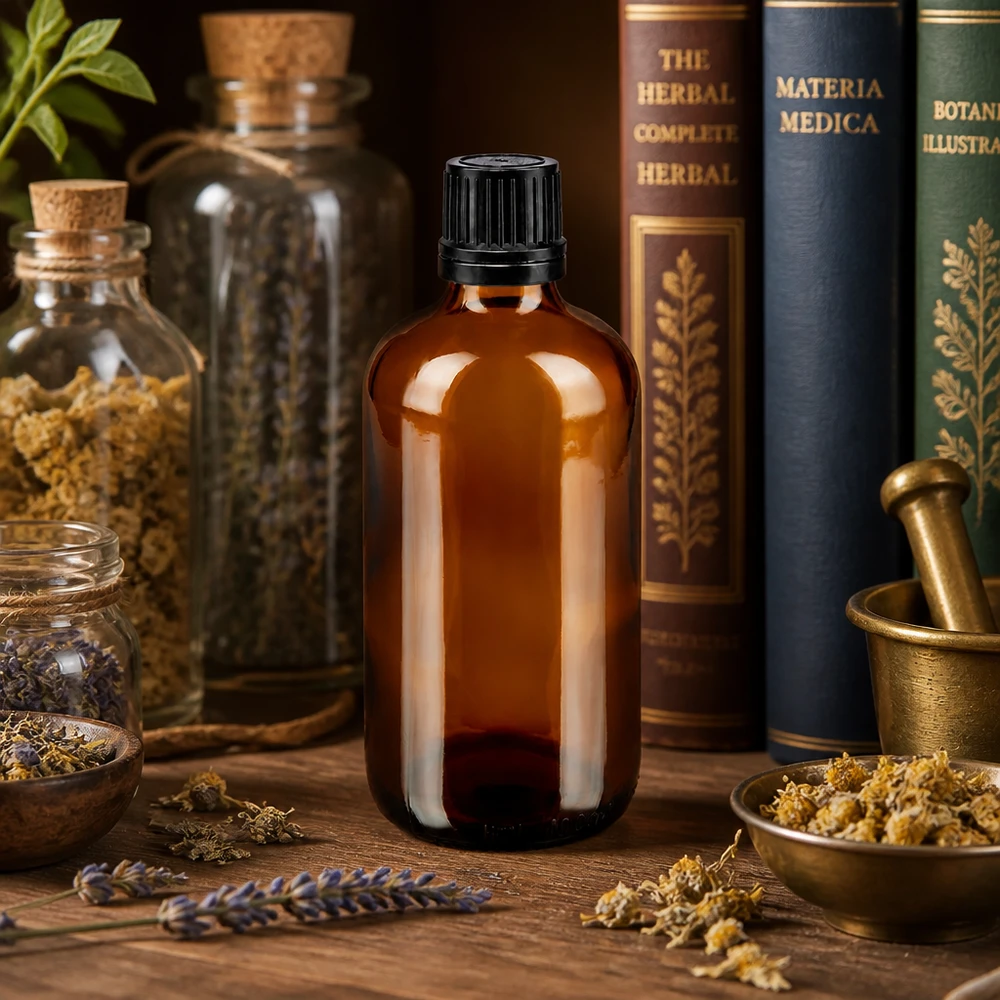 Flacon compte-gouttes en verre ambré de 100 ml avec emballage extérieur noir, à côté de livres sur les herbes et d'un mortier