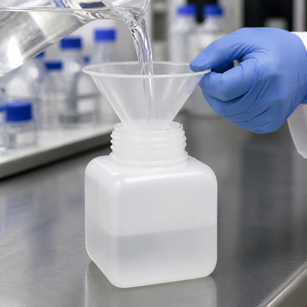 Flacon à produits chimiques 250 ml à col large, PEHD couleur naturelle, avec bouchon à vis GL 50 Remplissage d'un flacon de produits chimiques en PE-HD de 250 ml, adapté au contact alimentaire, en milieu de laboratoire