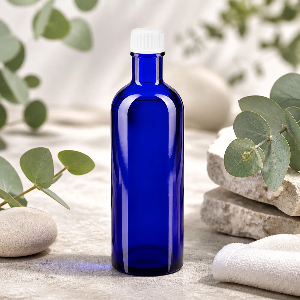 UV-Schutz Glasflasche 200ml blau mit weißem Schraubverschluss für empfindliche Wirkstoffe