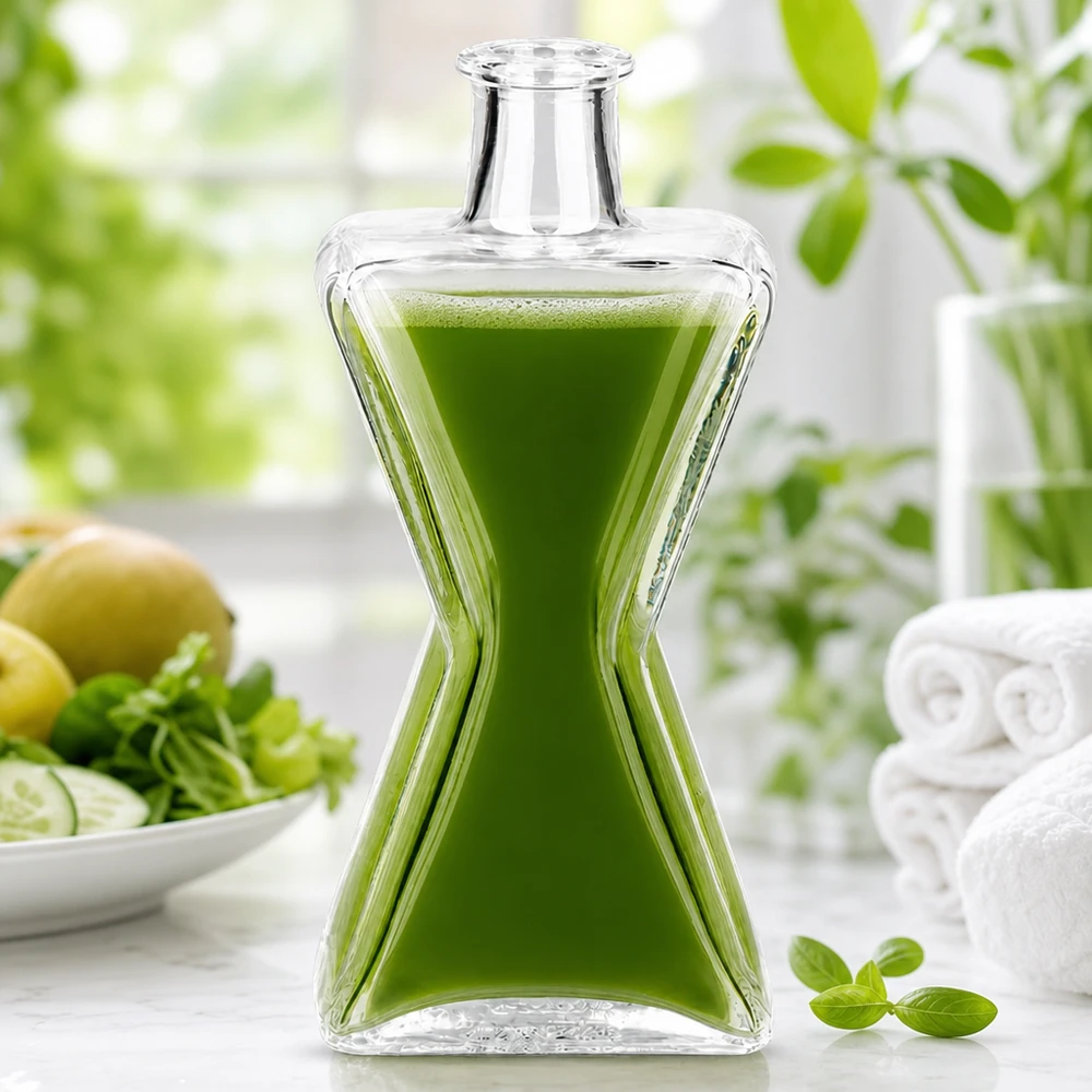200ml Glasflasche "Star" ohne Verschluss UNiTWIST Elegante Glasflasche Star mit grünem Smoothie befüllt neben frischen Kräutern und Zitronen in heller Küche