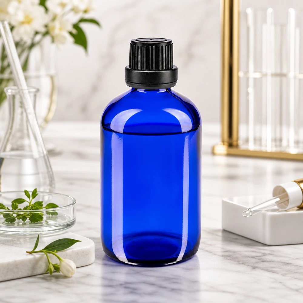 Flacon de pharmacie bleu 100ml bouchon inviolabilité 2mm noir Flacon de pharmacie de 100 ml, bleu cobalt, avec bouchon OV noir et compte-gouttes de 2 mm, destiné à un usage en laboratoire