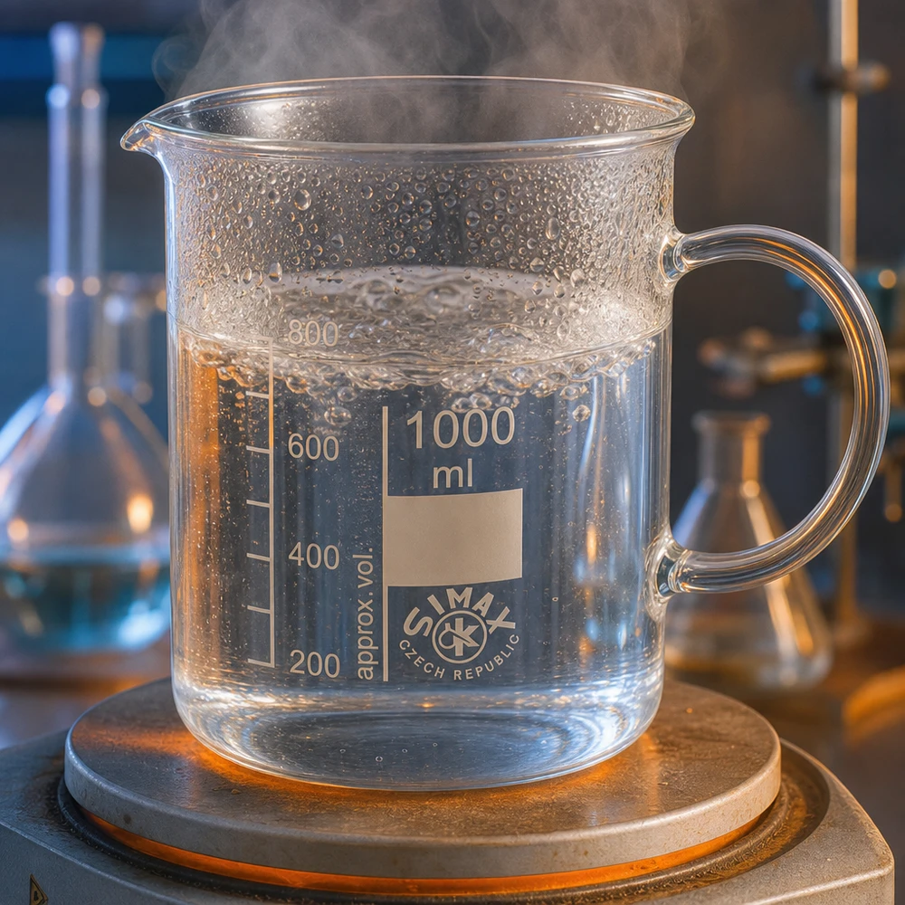 Acqua bollente in un becher da 1000 ml con manico su una piastra riscaldante in laboratorio