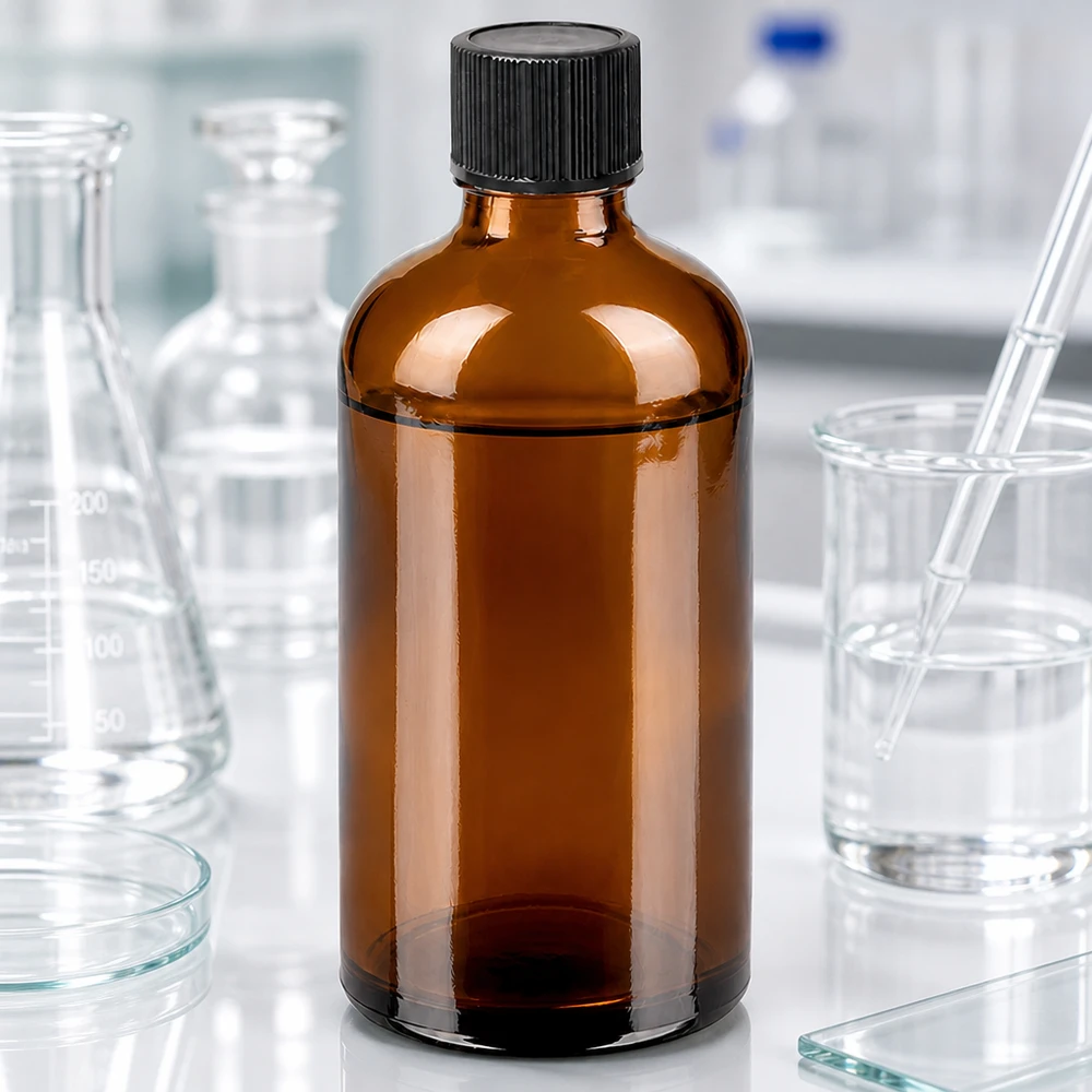 Flacone medico in vetro ambrato da 100 ml con tappo contagocce igienico nero per ambulatori