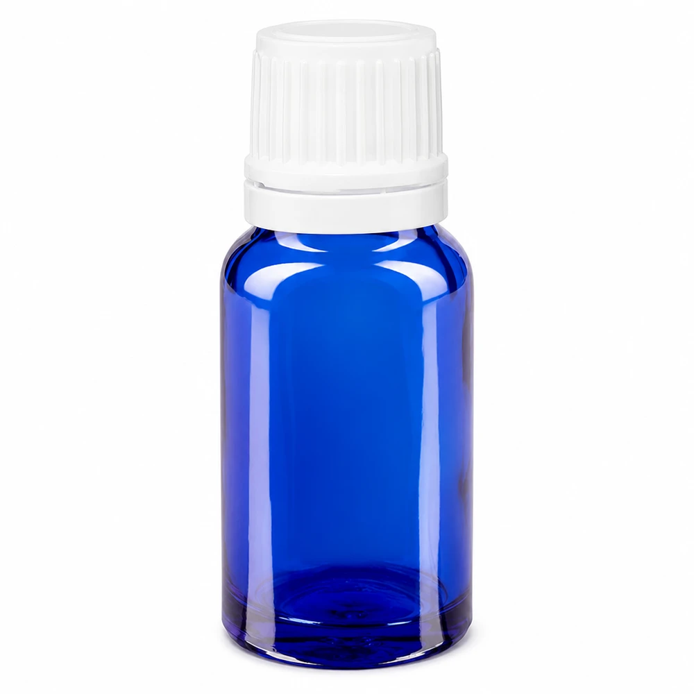 Apothekenflasche blau 10ml Tropfverschluss 1.2mm weiß Originalitätsverschluss Pharmaflasche 10ml in Blauglas mit OV und präzisem 0,7mm Tropfeinsatz in Weiß