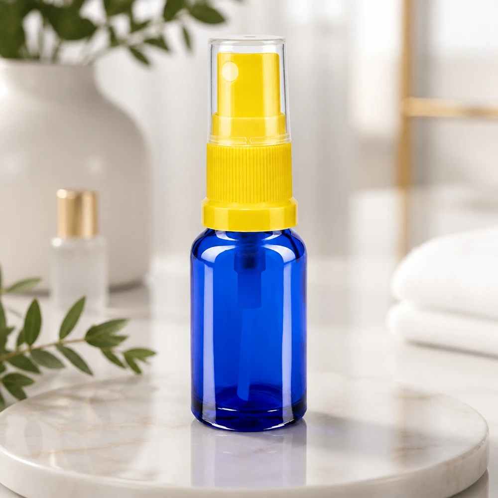 Apothekenflasche blau 10ml Sprayaufsatz gelb Apothekensprayflasche blau 10ml gelber Zerstäuber ideal für ätherische Öle und Seren