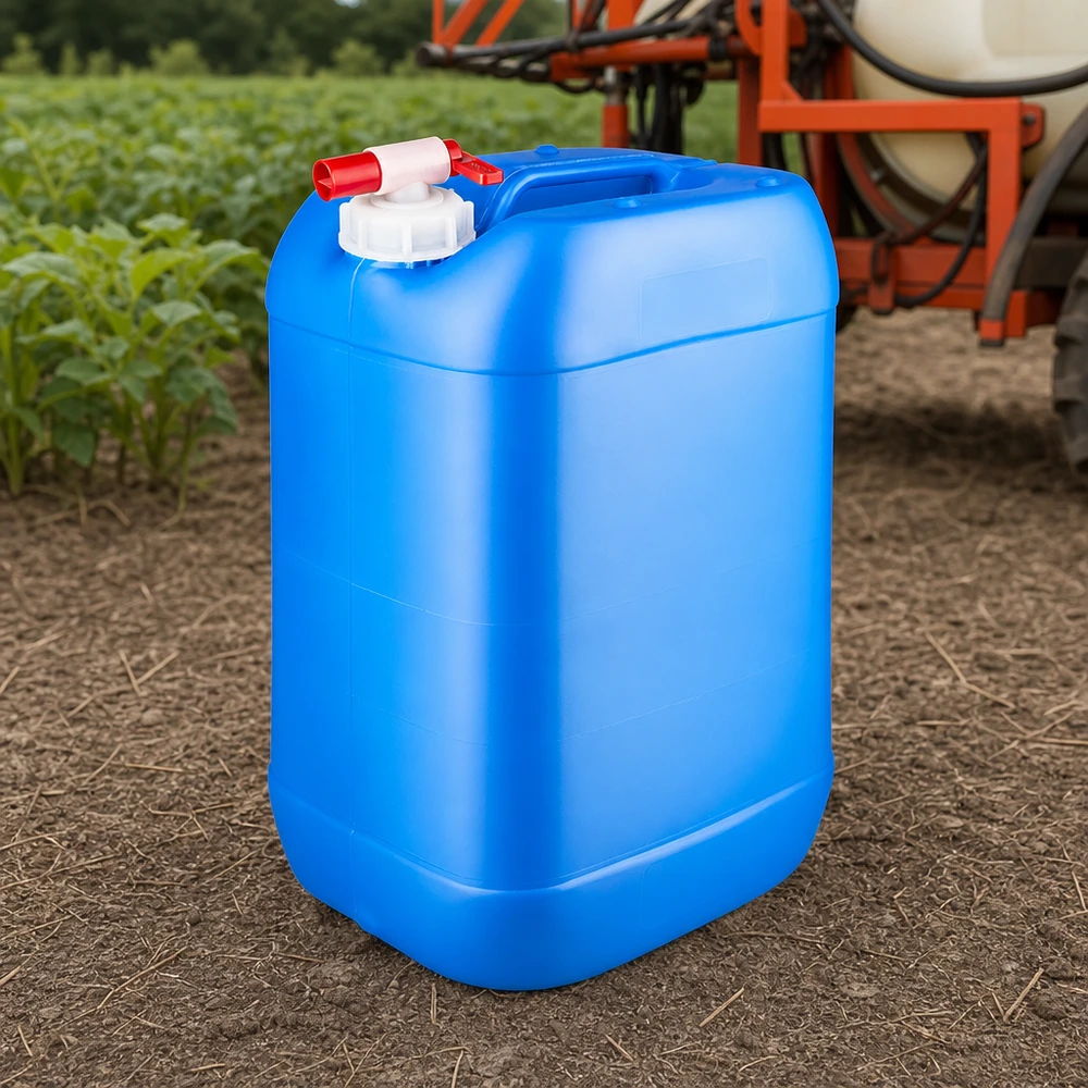 Bidon 25 litres bleu avec robinet Bidon bleu de 25 litres muni d'un robinet de vidange, utilisé dans le cadre d'une application agricole à côté d'un pulvérisateur agricole
